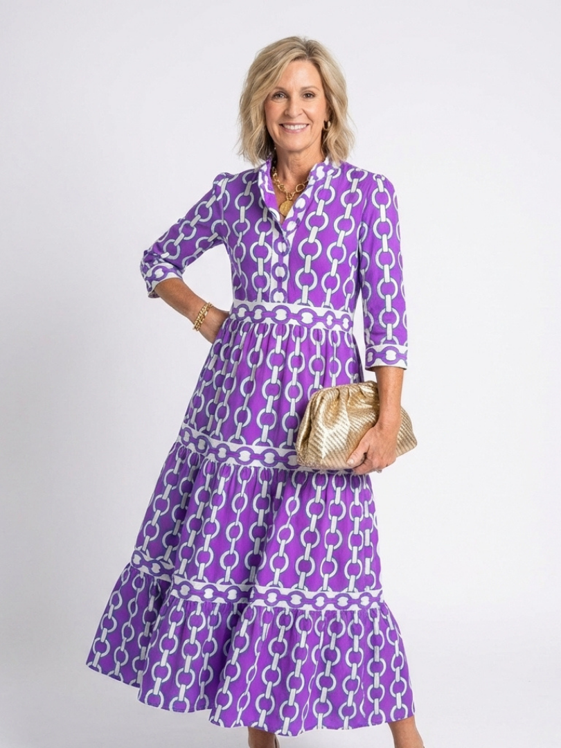 Chain Print Tiered Midi Dress with Three Quarter Sleeves and Collar