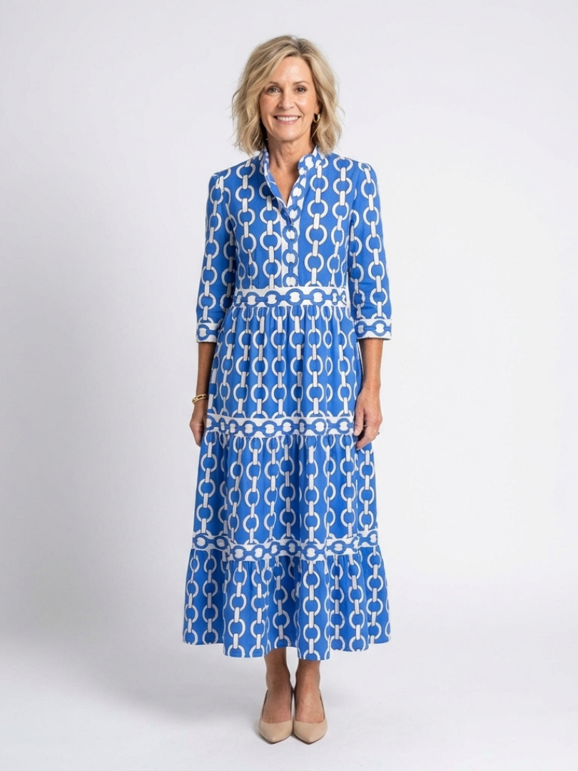 Chain Print Tiered Midi Dress with Three Quarter Sleeves and Collar