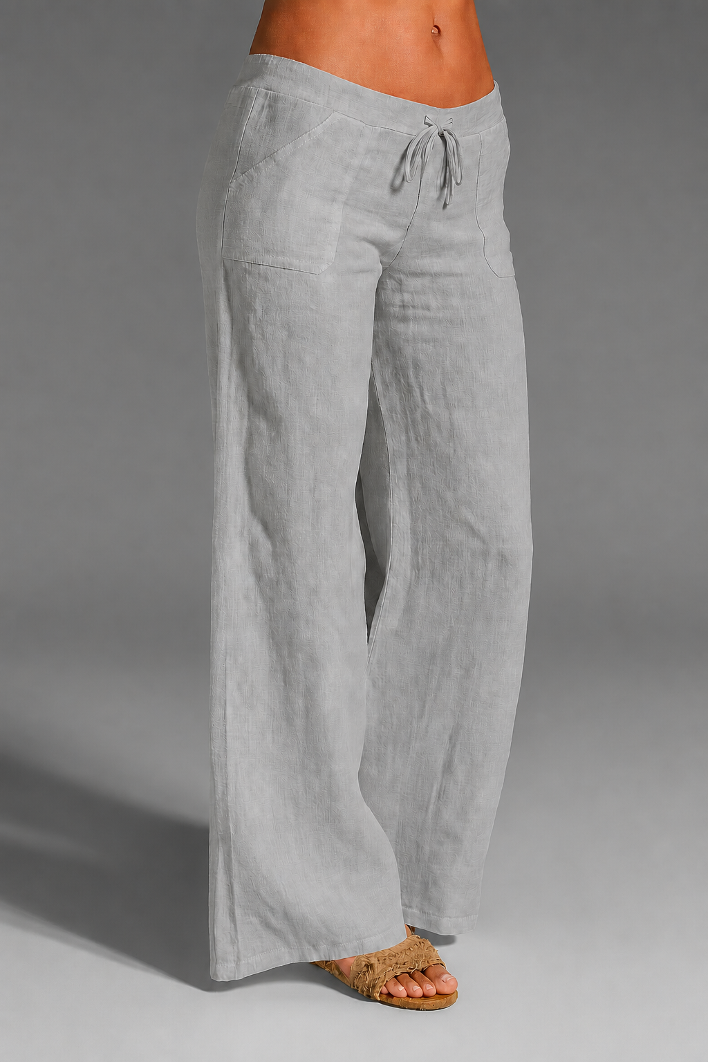 Relaxed Wide Leg Linen Trousers with Drawstring Waist