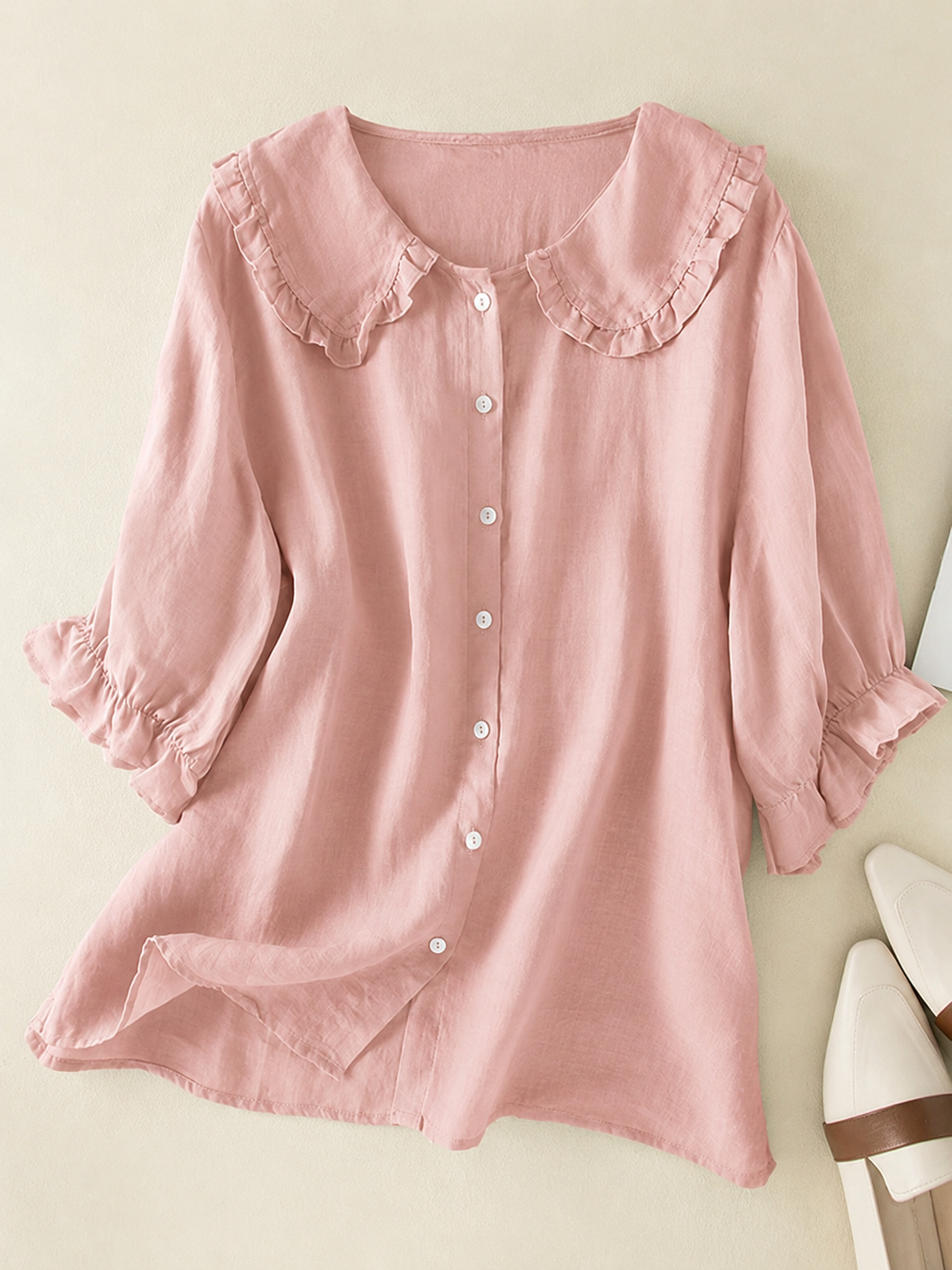 Elegant Linen Blouse with Peter Pan Collar and Ruffle Cuffs