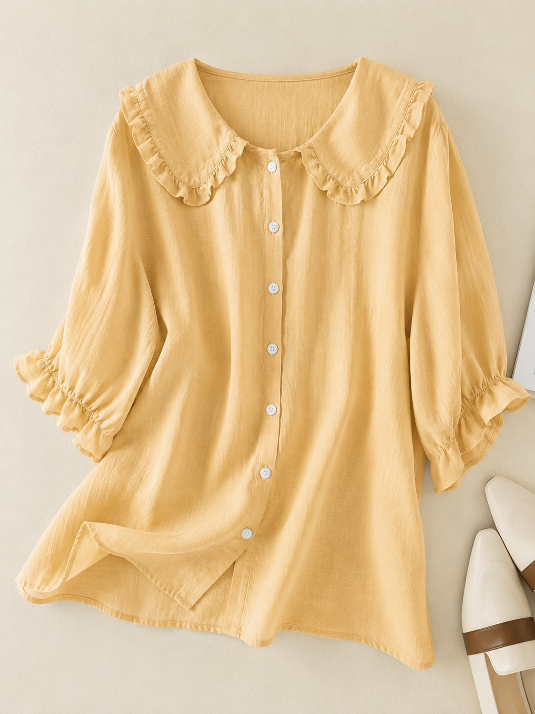 Elegant Linen Blouse with Peter Pan Collar and Ruffle Cuffs