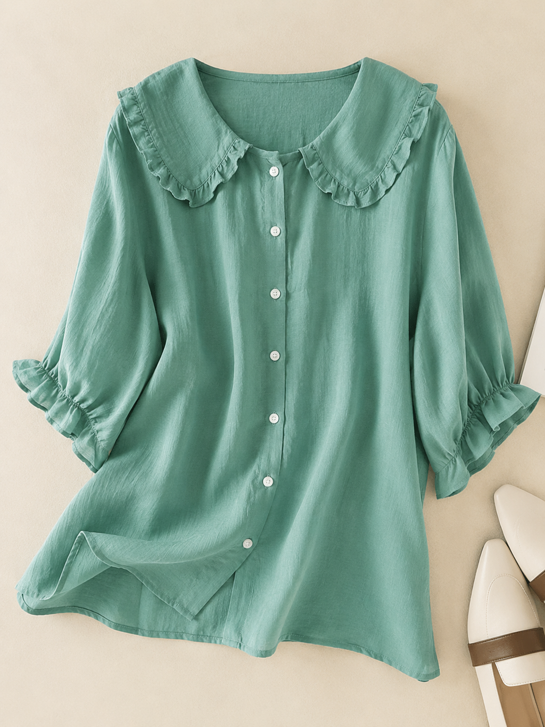 Elegant Linen Blouse with Peter Pan Collar and Ruffle Cuffs