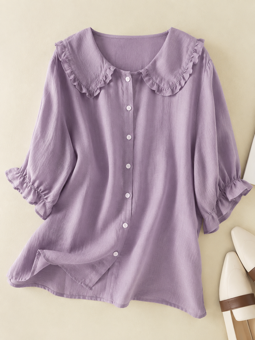 Elegant Linen Blouse with Peter Pan Collar and Ruffle Cuffs