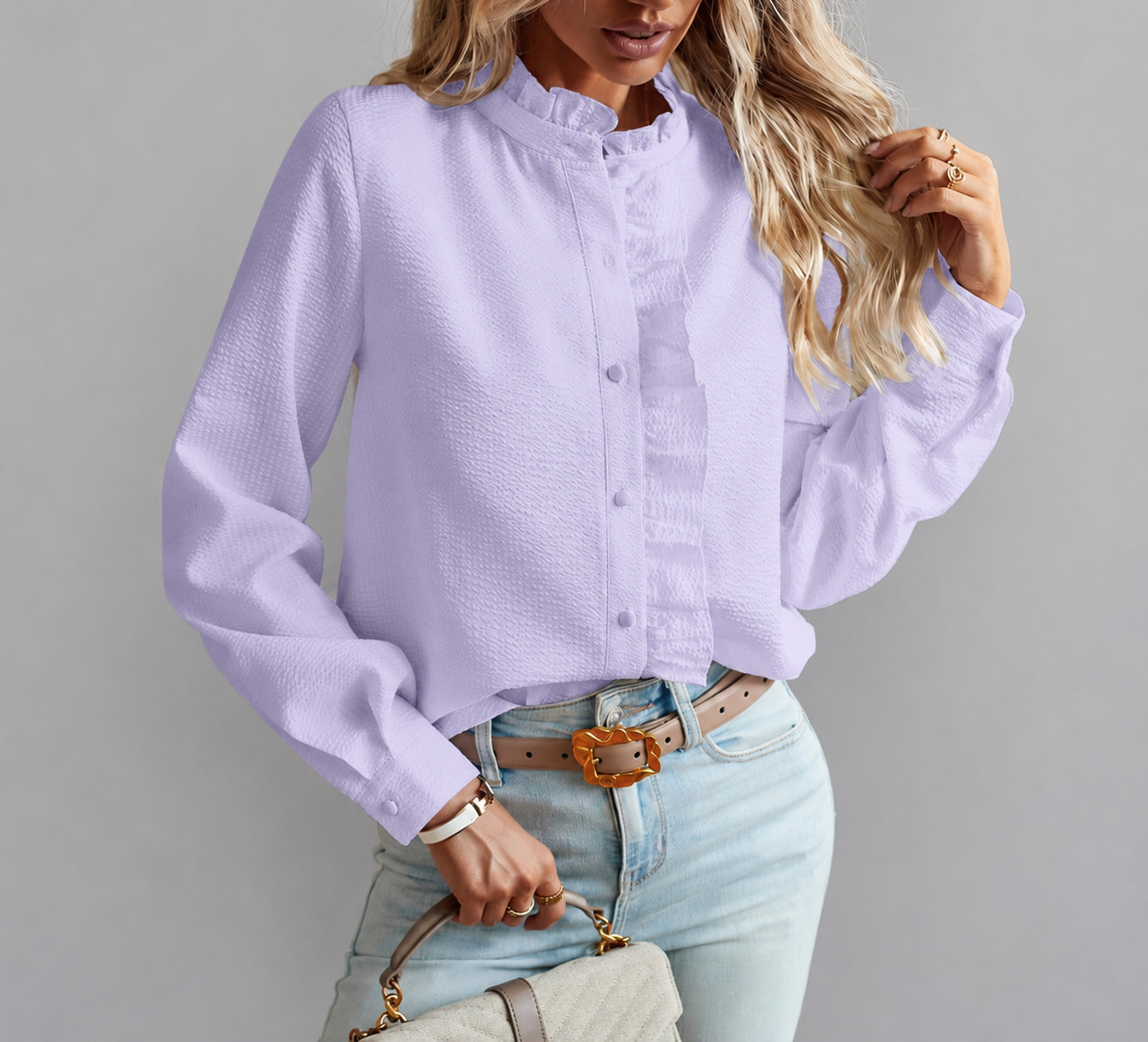 Classic Blouse with Ruffle Collar and Button Front