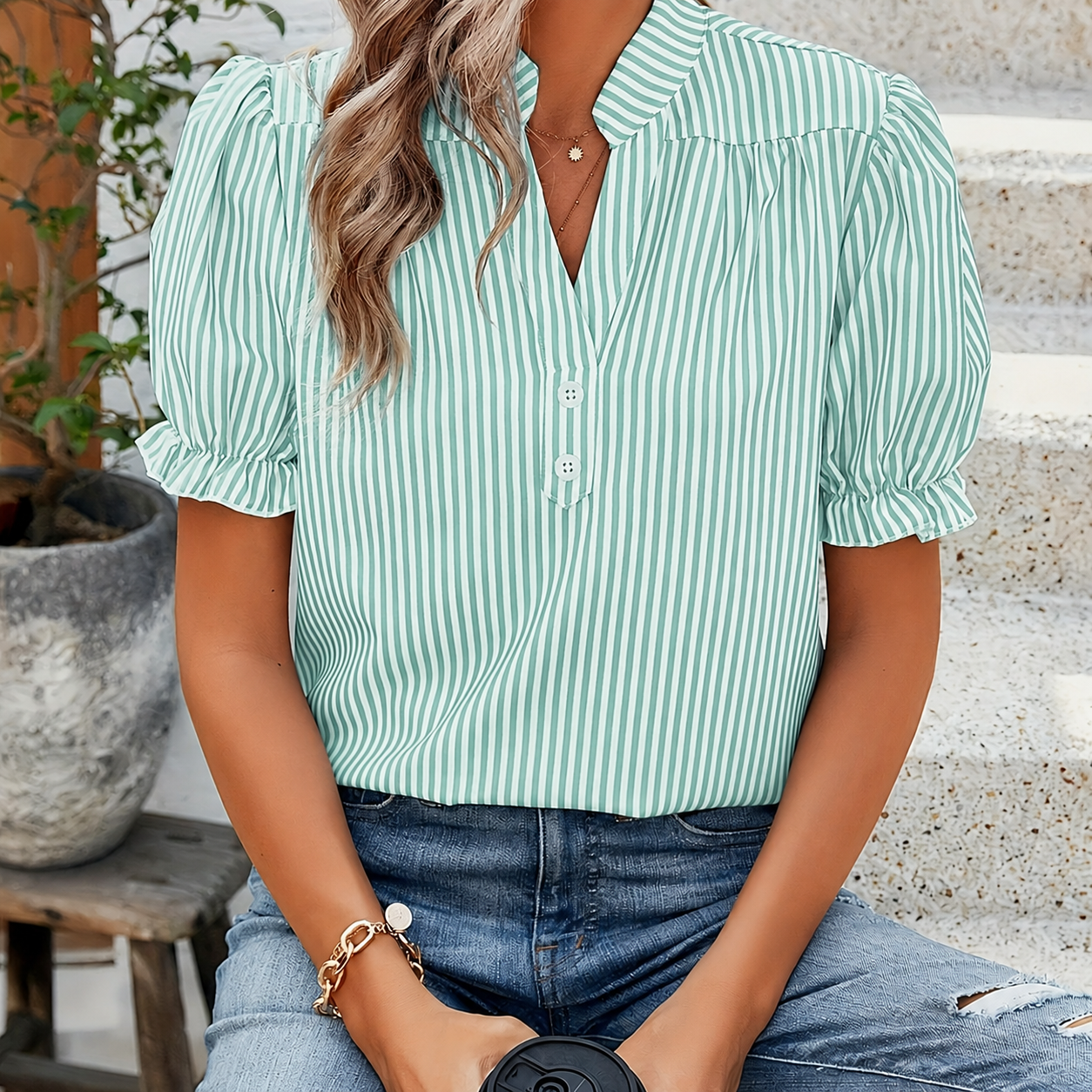 Striped Blouse with Puff Sleeves and Gathered Neckline Detail