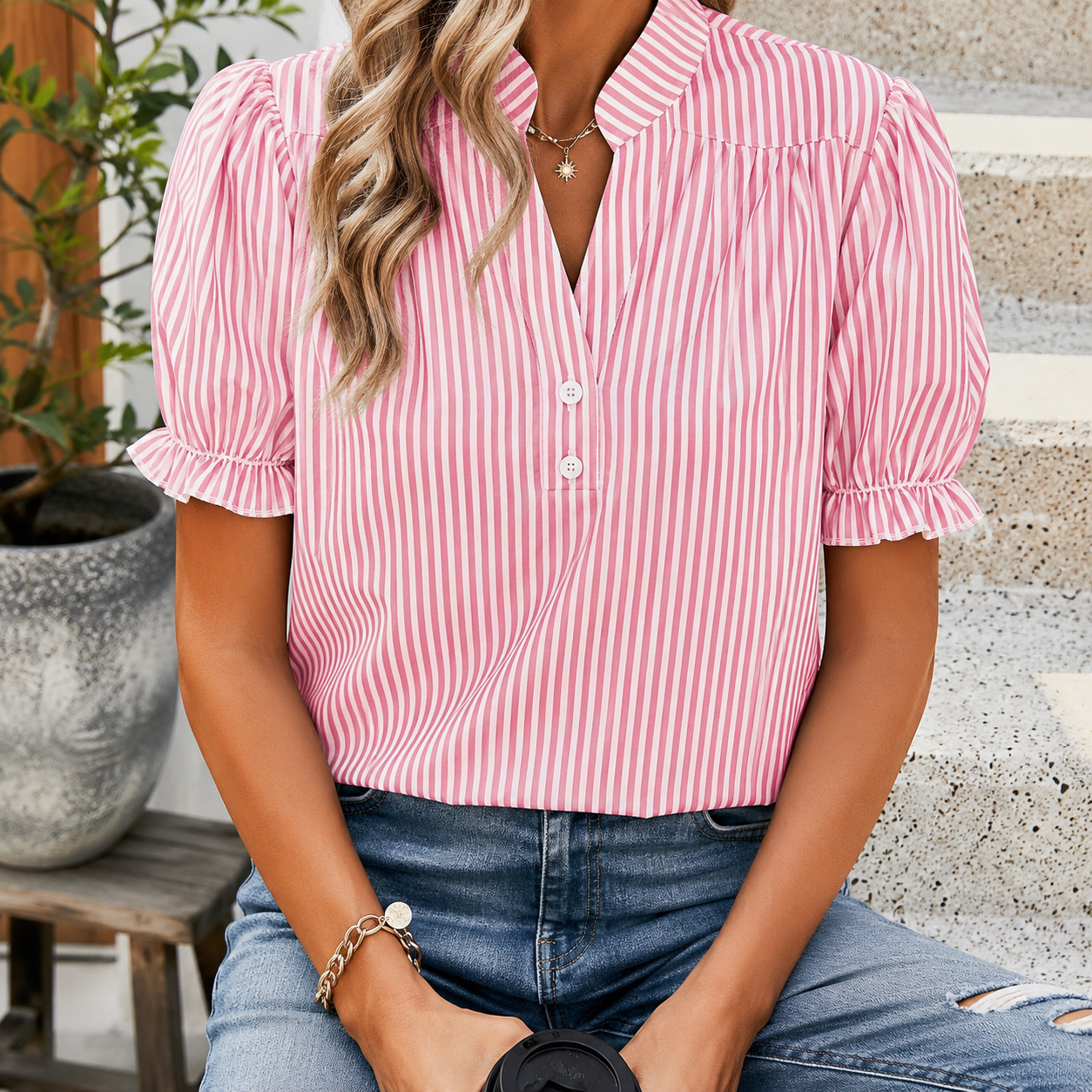 Striped Blouse with Puff Sleeves and Gathered Neckline Detail