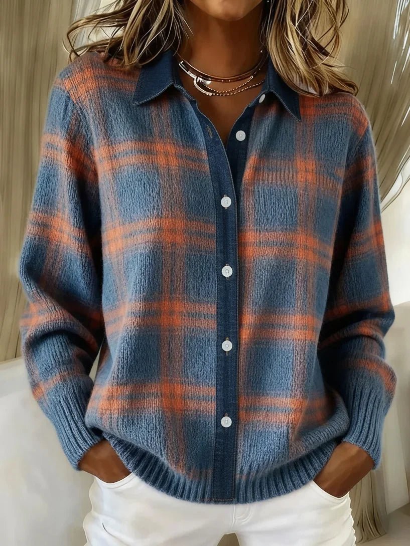 Check Knit Cardigan with Shirt Collar and Button Front