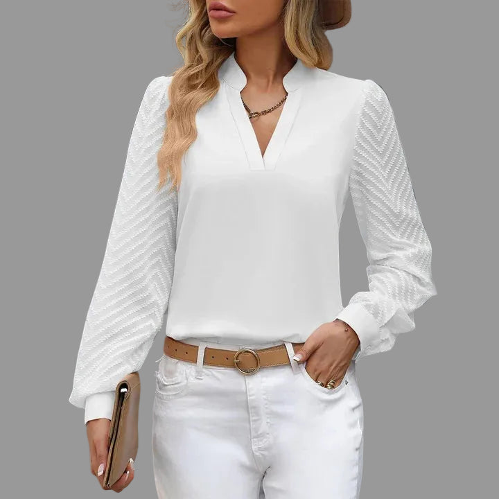 Chic Blouse with Sheer Patterned Sleeves and V-Neckline