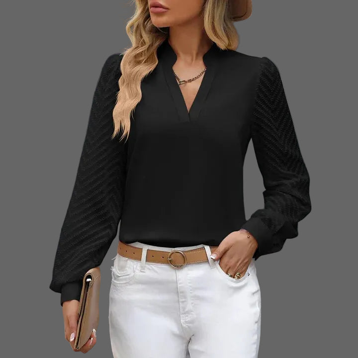 Chic Blouse with Sheer Patterned Sleeves and V-Neckline
