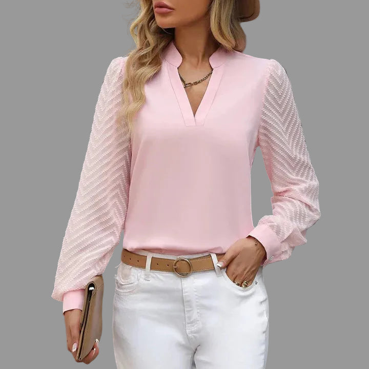 Chic Blouse with Sheer Patterned Sleeves and V-Neckline