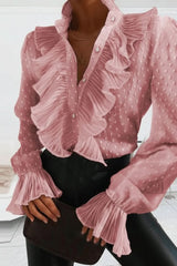 Chic Ruffle Front Blouse with V-Neckline and Flared Cuffs