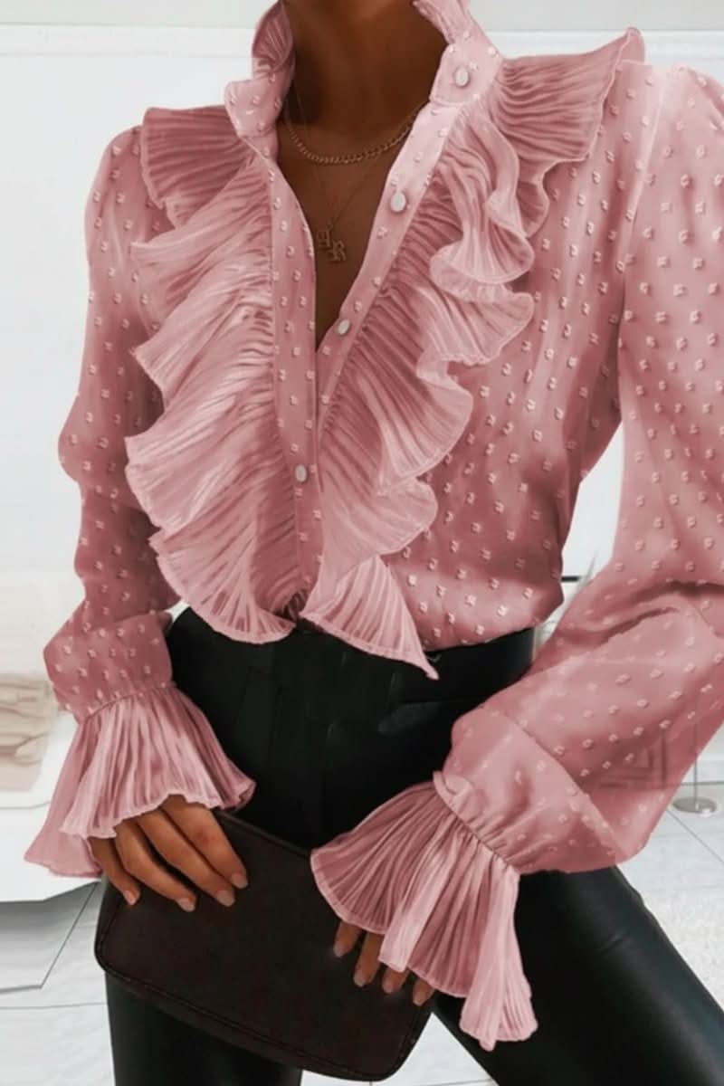 Chic Ruffle Front Blouse with V-Neckline and Flared Cuffs