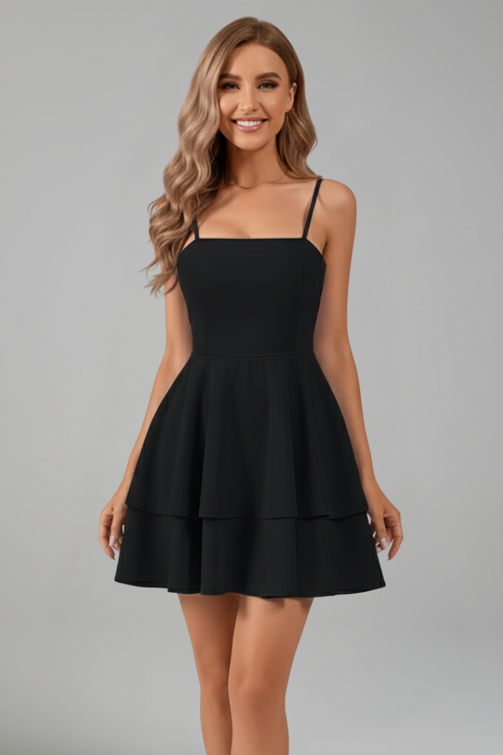 Chic Tiered Ruffle Mini Dress with Spaghetti Straps and Square Neckline