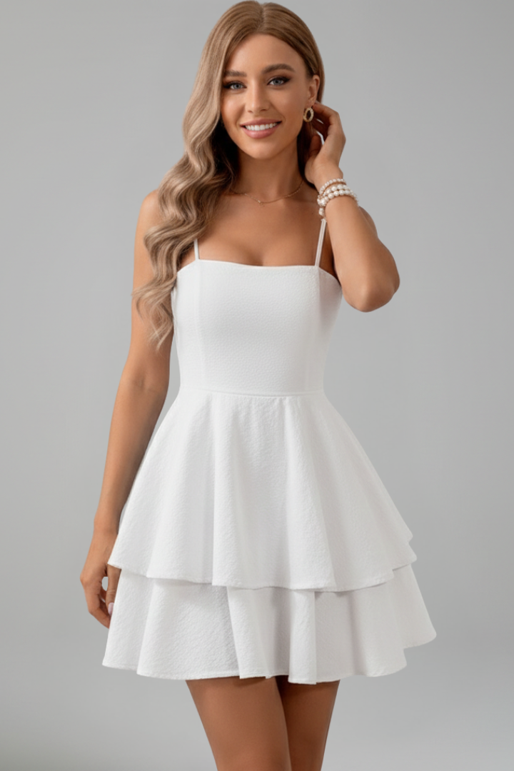 Chic Tiered Ruffle Mini Dress with Spaghetti Straps and Square Neckline