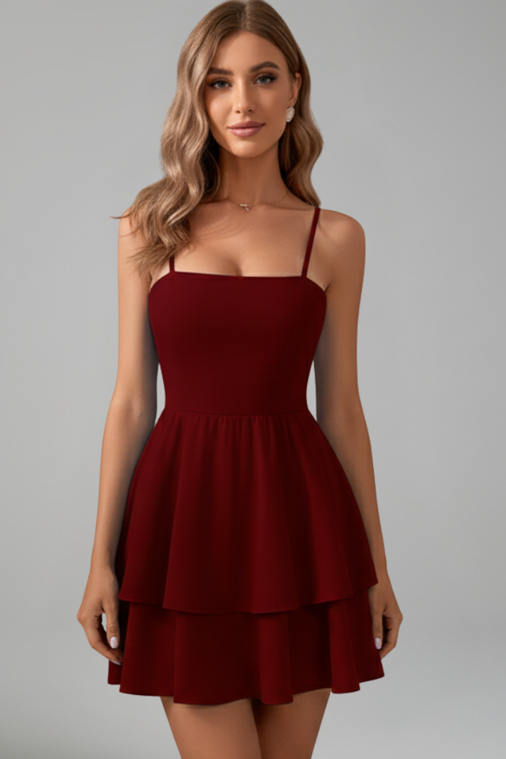 Chic Tiered Ruffle Mini Dress with Spaghetti Straps and Square Neckline