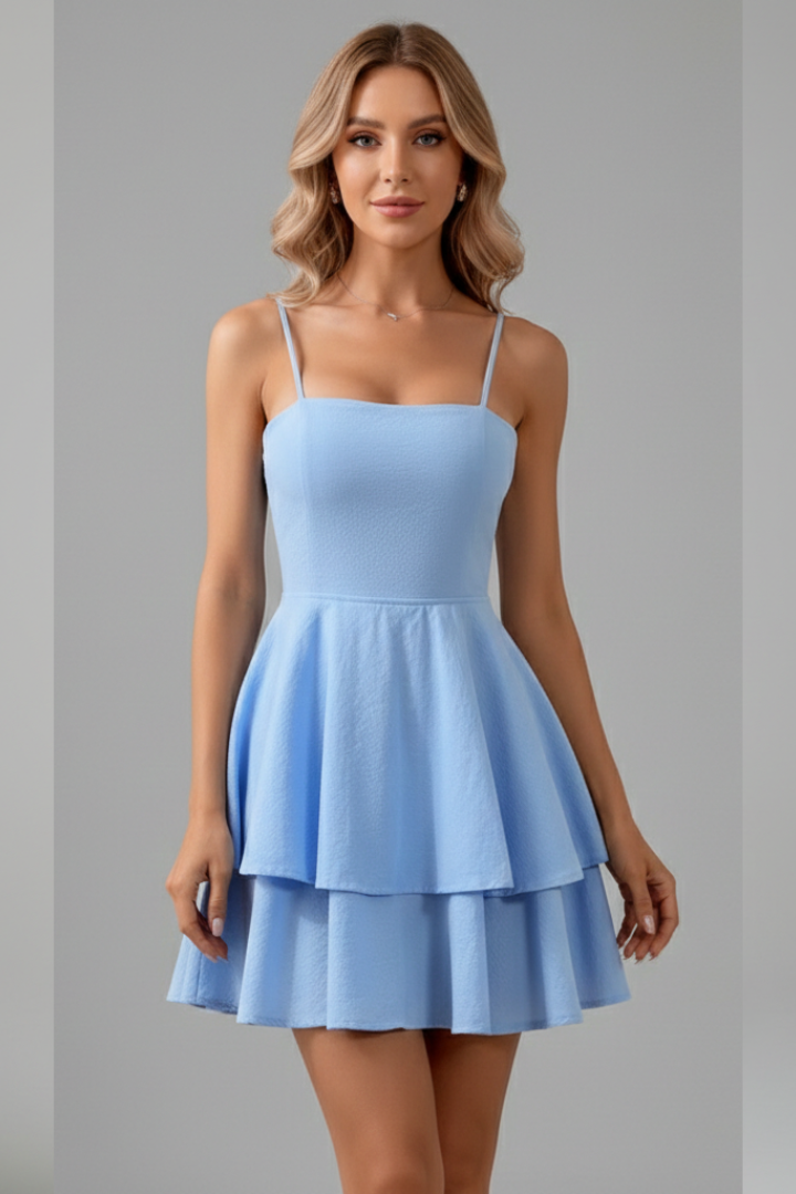 Chic Tiered Ruffle Mini Dress with Spaghetti Straps and Square Neckline