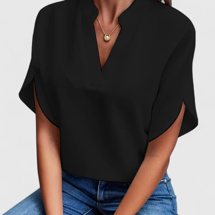 Chic V-Neck Blouse with Split Short Sleeves