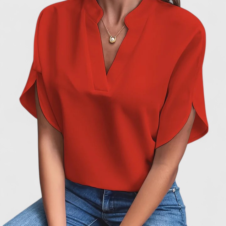 Chic V-Neck Blouse with Split Short Sleeves
