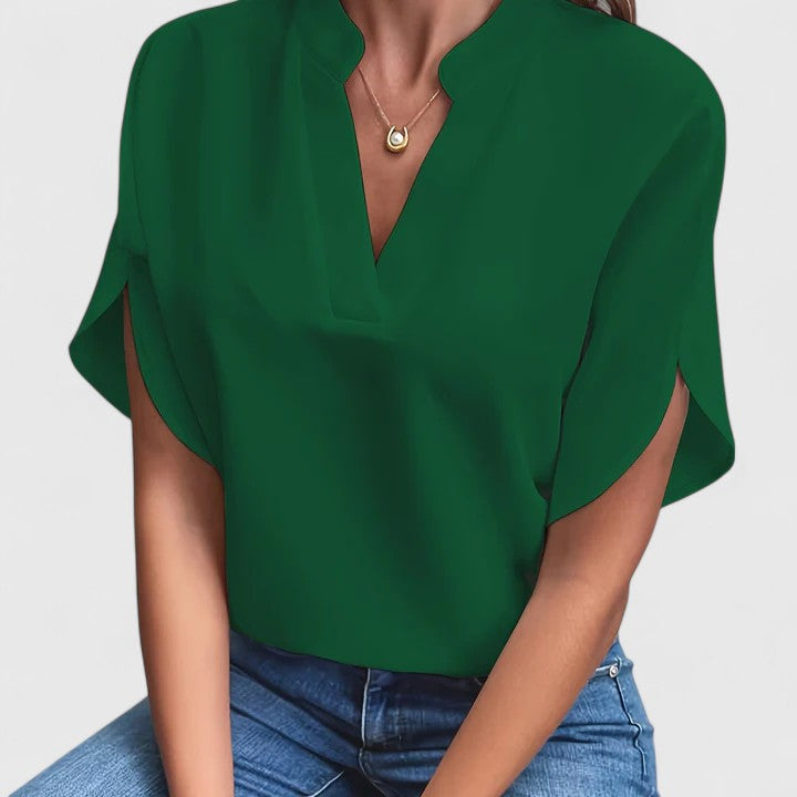 Chic V-Neck Blouse with Split Short Sleeves