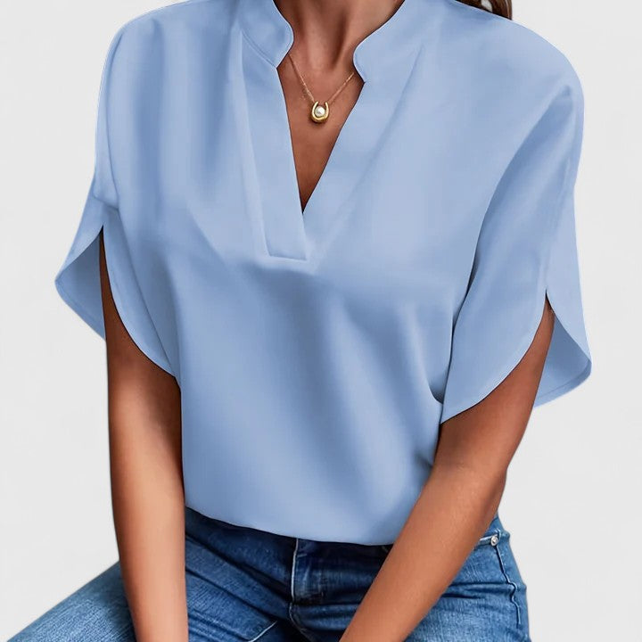 Chic V-Neck Blouse with Split Short Sleeves