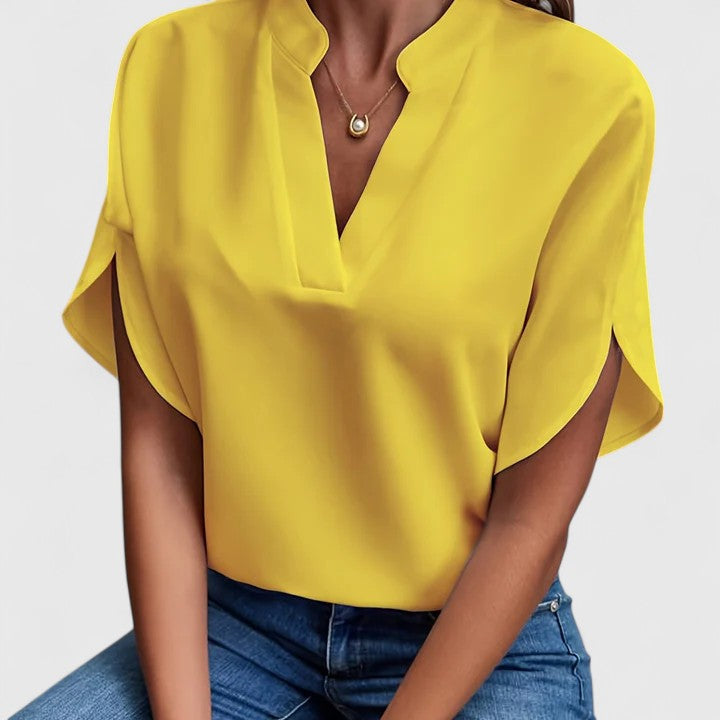 Chic V-Neck Blouse with Split Short Sleeves
