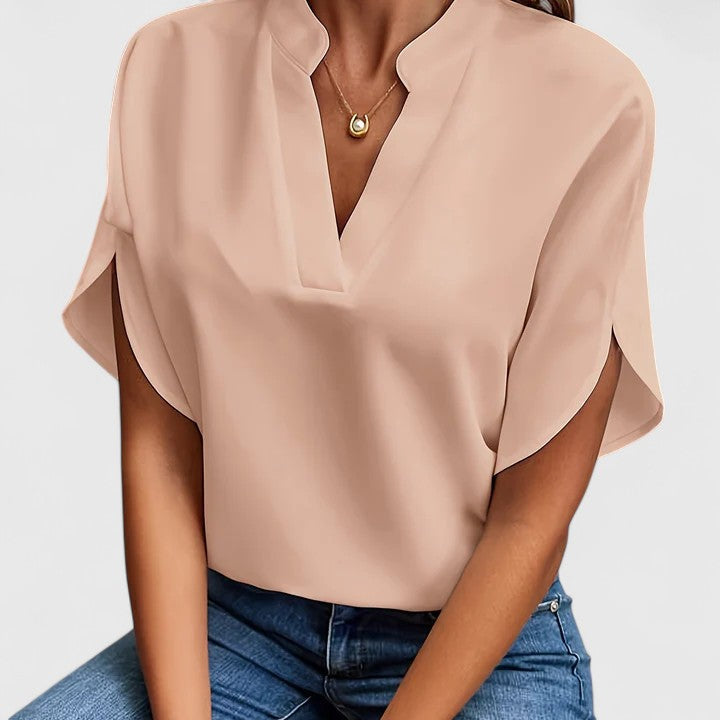 Chic V-Neck Blouse with Split Short Sleeves