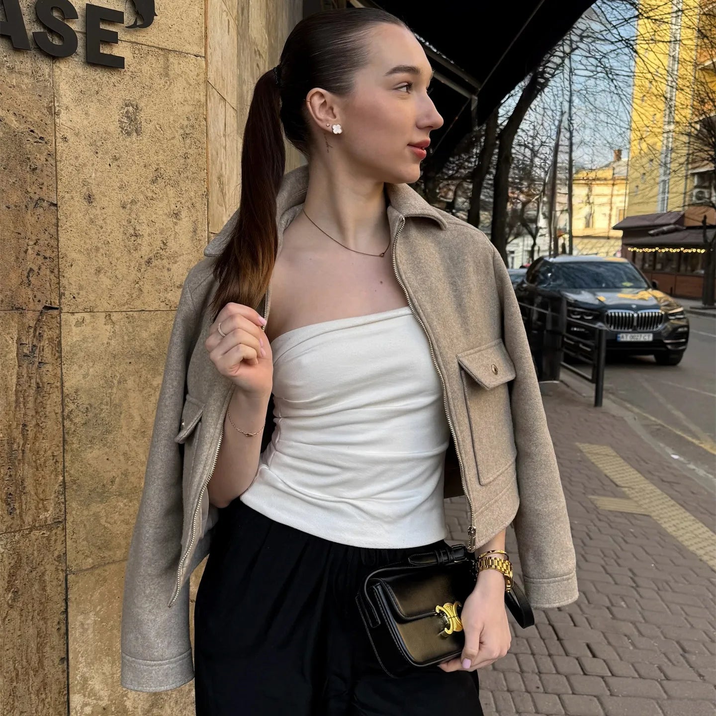 Chiq Cropped Wool Jacket with Zip Front and Patch Pockets