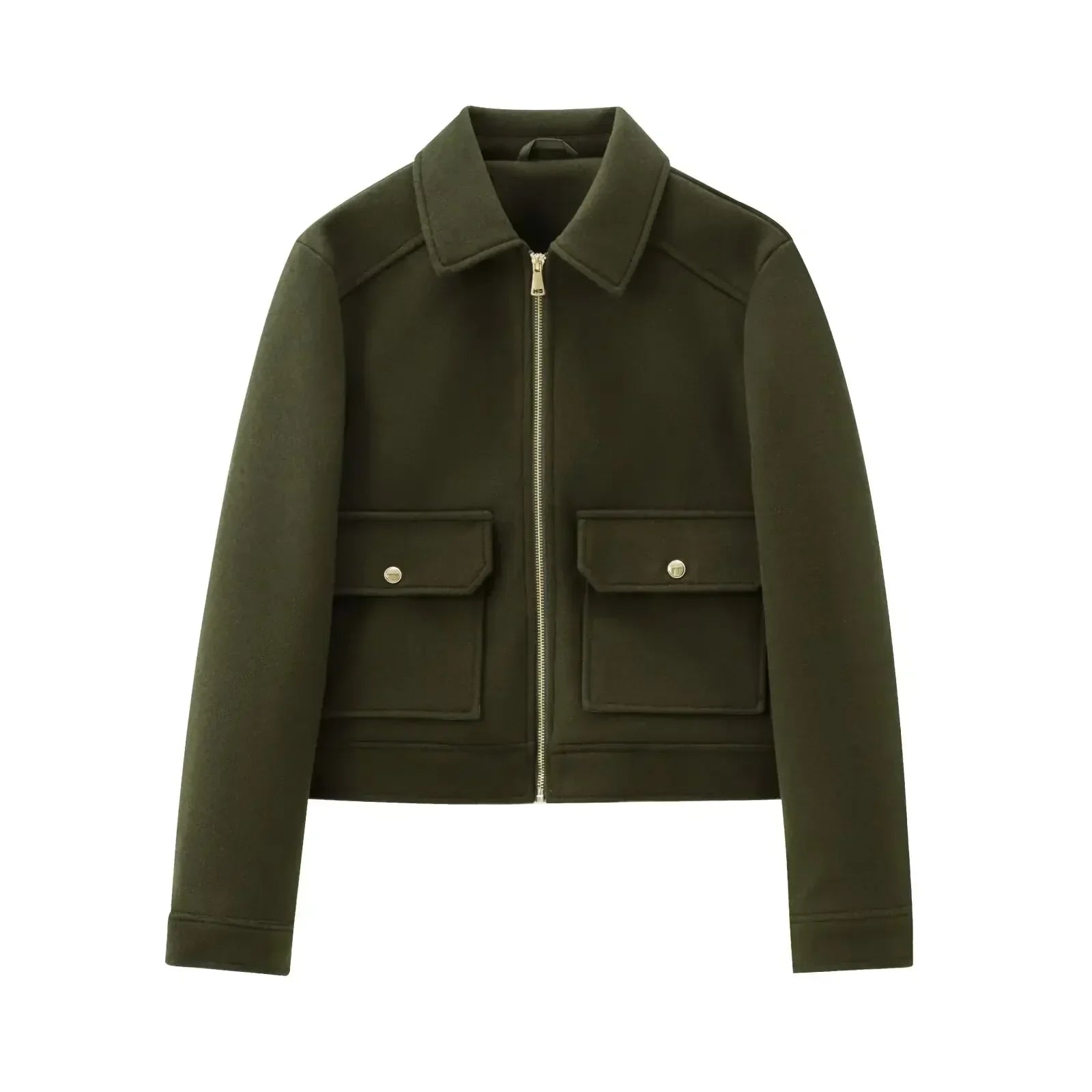 Chiq Cropped Wool Jacket with Zip Front and Patch Pockets