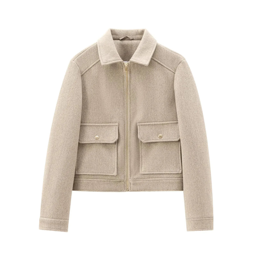 Chiq Cropped Wool Jacket with Zip Front and Patch Pockets