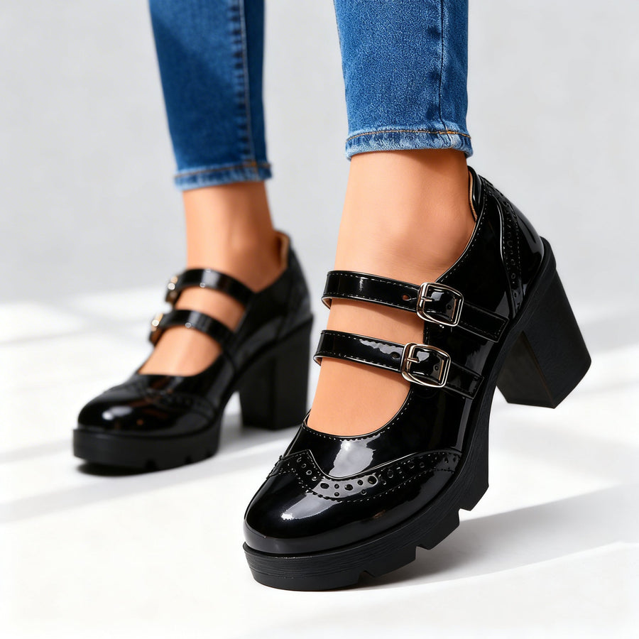 Chunky Heeled Mary Janes with Brogue Detail and Double Buckle Straps