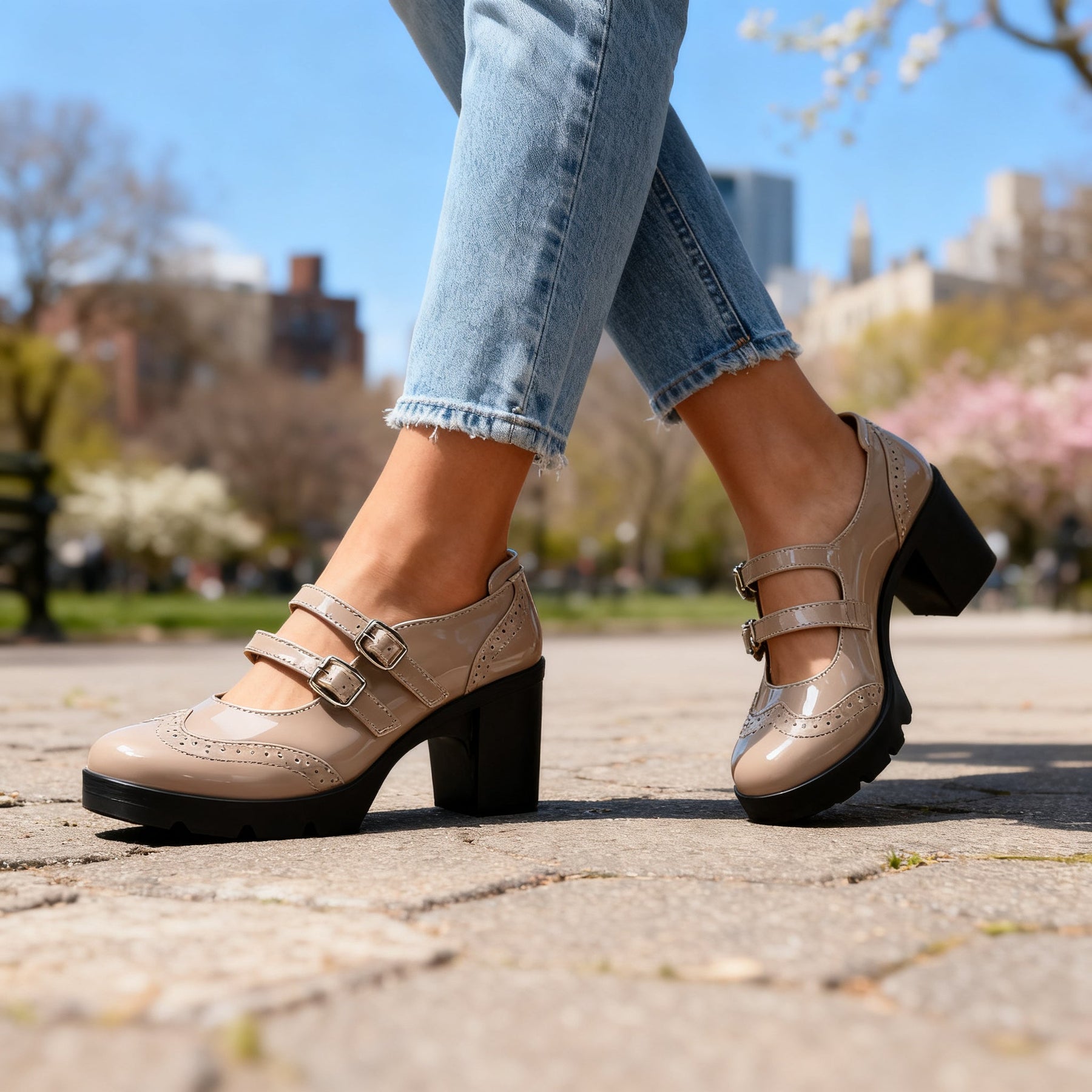 Chunky Heeled Mary Janes with Brogue Detail and Double Buckle Straps