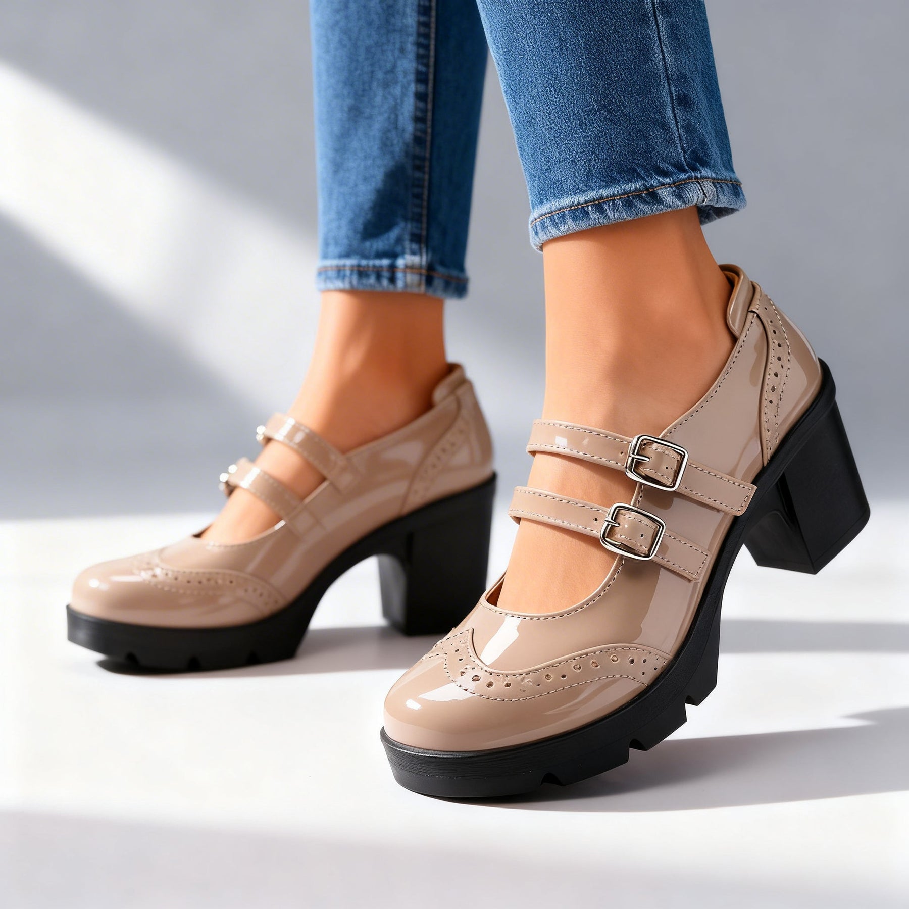 Chunky Heeled Mary Janes with Brogue Detail and Double Buckle Straps