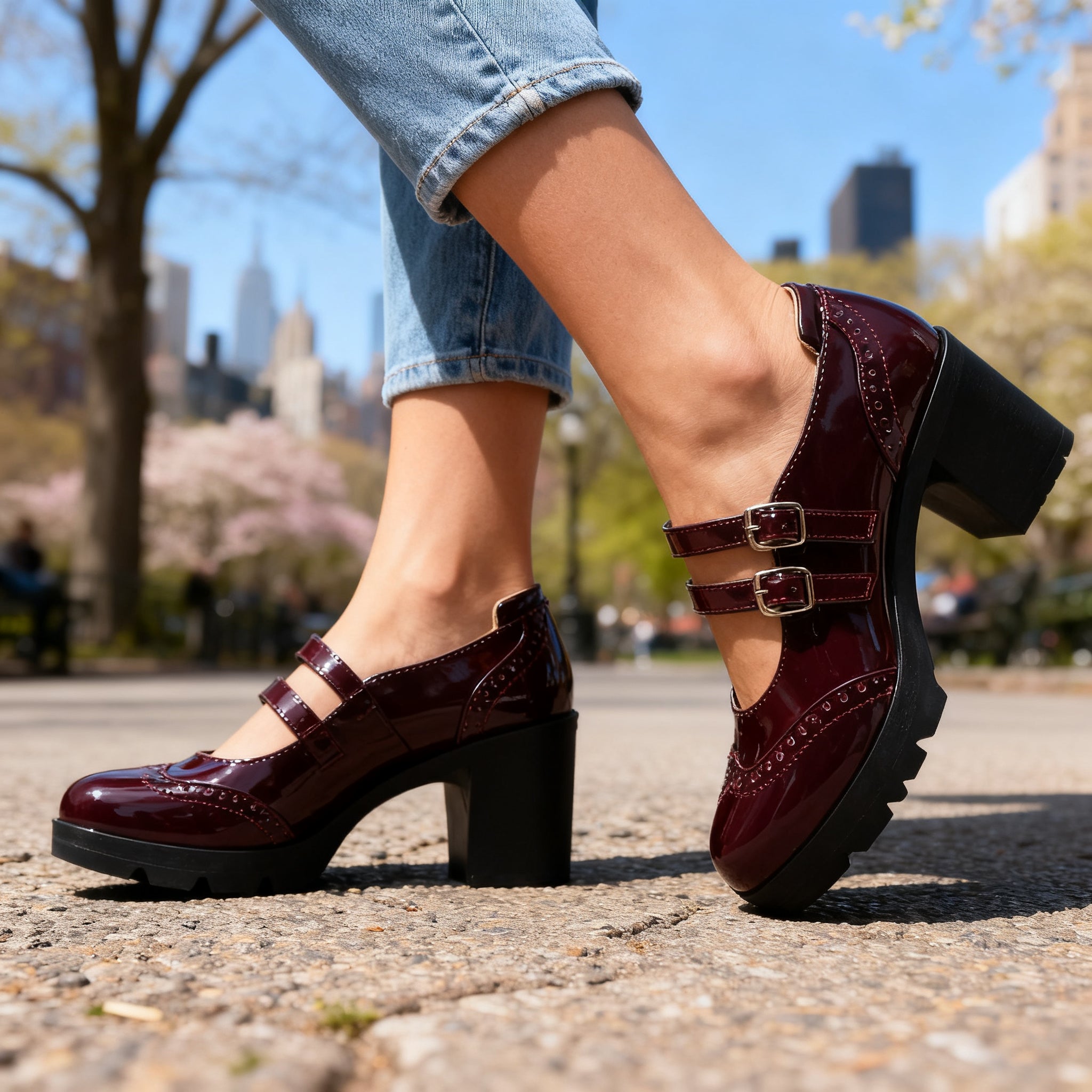 Chunky Heeled Mary Janes with Brogue Detail and Double Buckle Straps