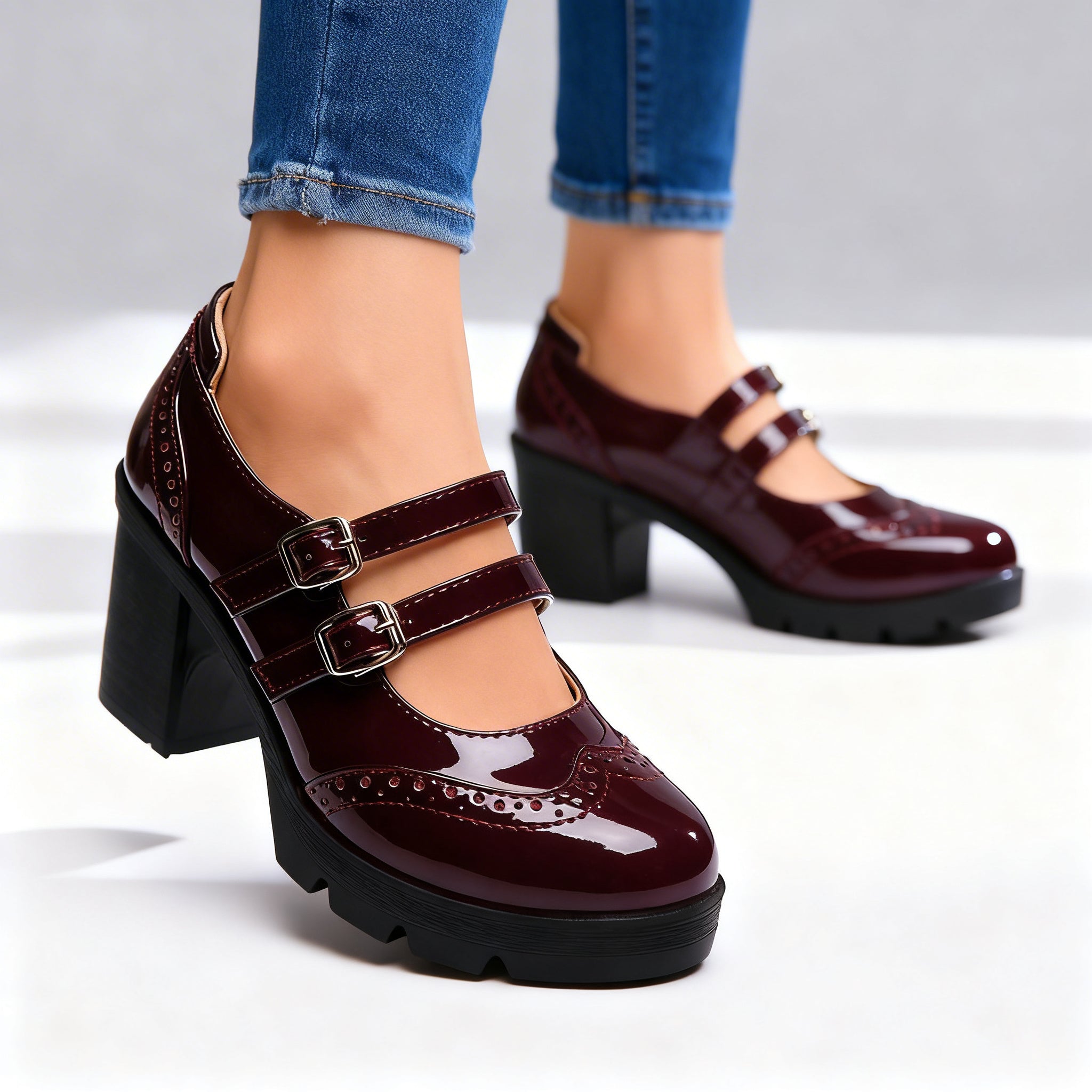 Chunky Heeled Mary Janes with Brogue Detail and Double Buckle Straps