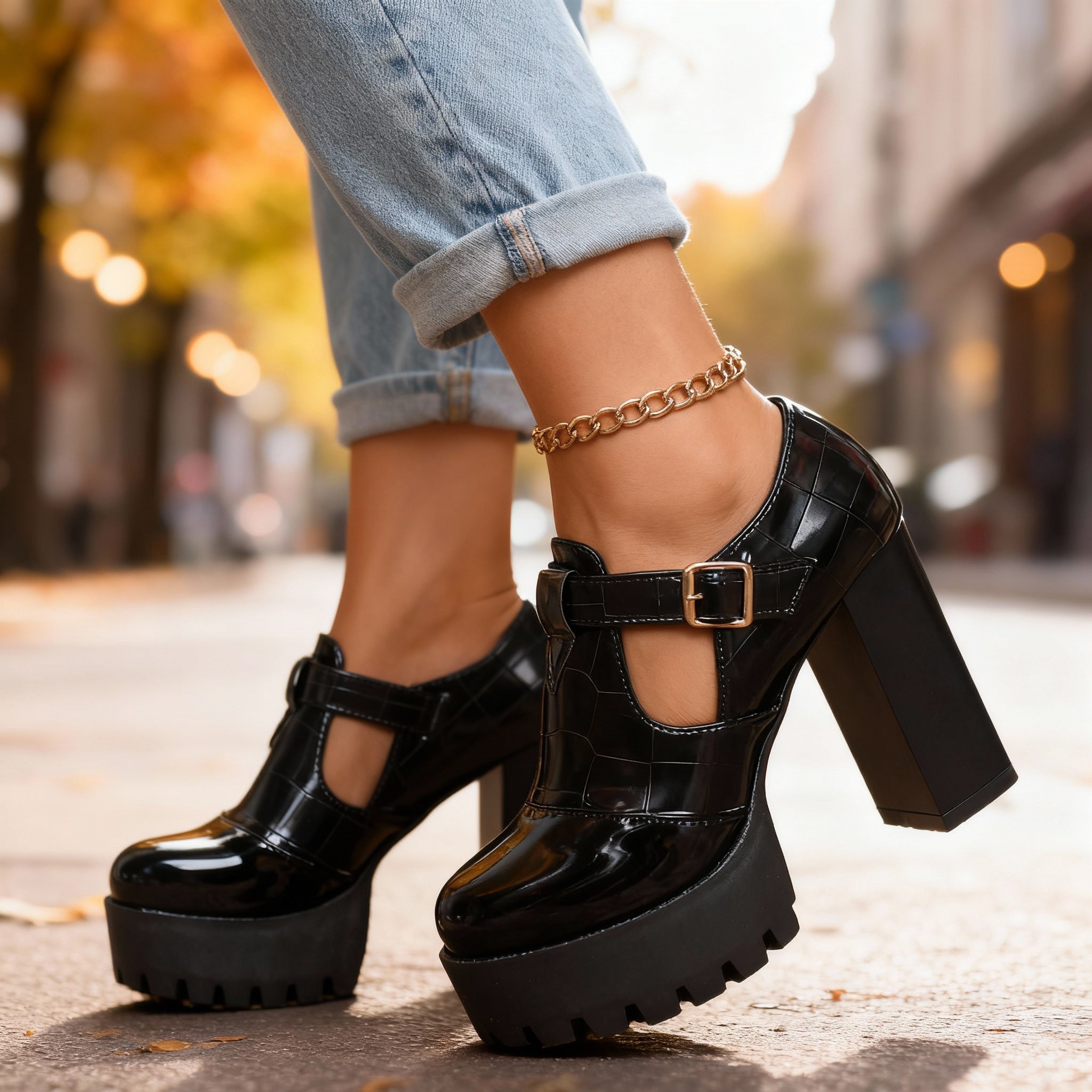 Chunky Platform Heels with Croc Embossed Upper and Buckle Strap