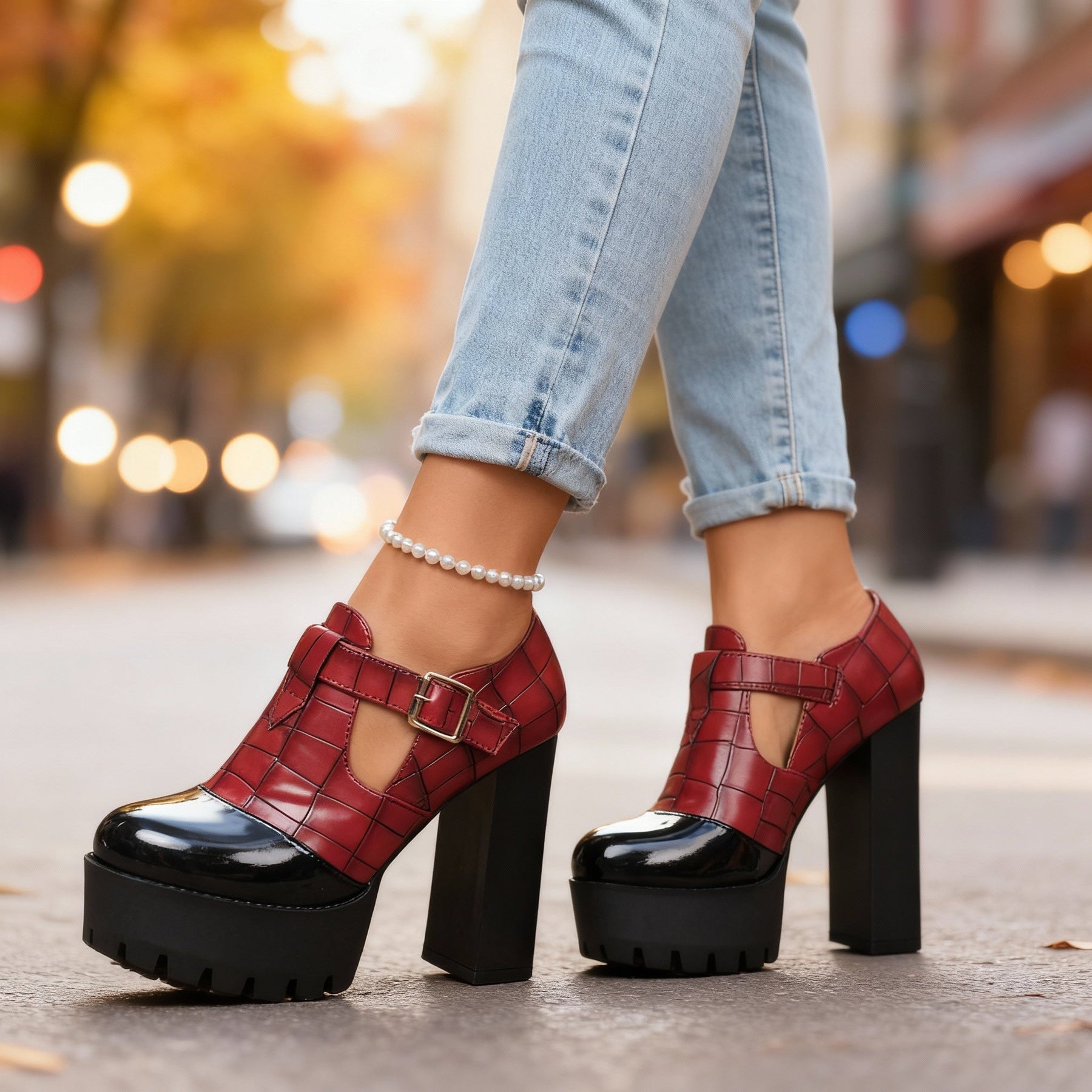 Chunky Platform Heels with Croc Embossed Upper and Buckle Strap