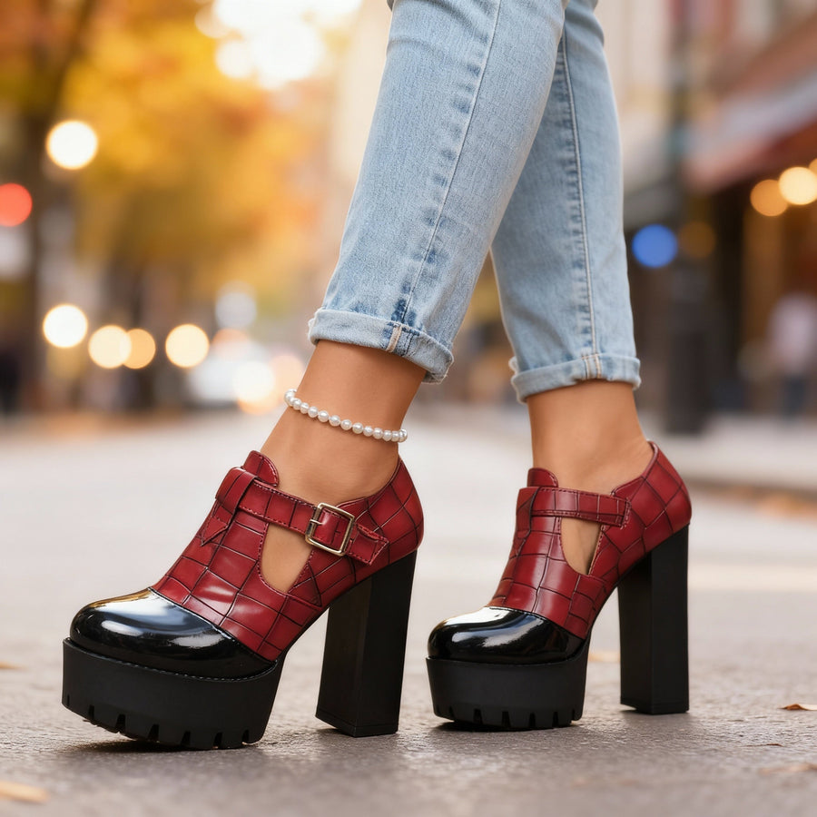 Chunky Platform Heels with Croc Embossed Upper and Buckle Strap