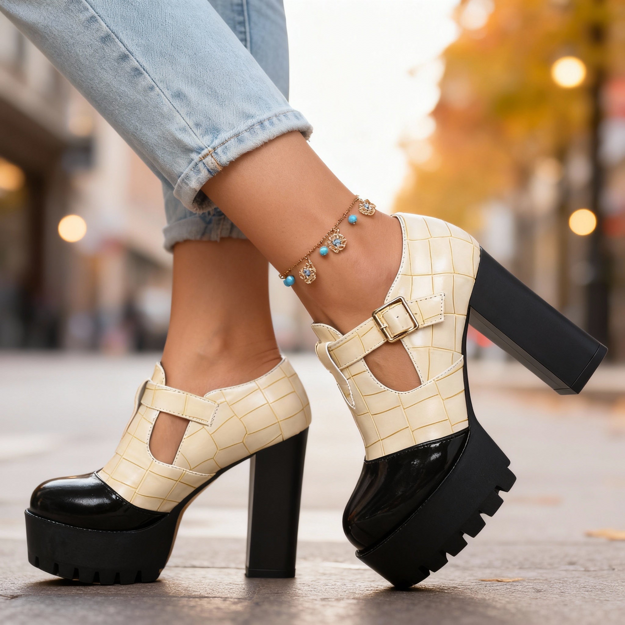 Chunky Platform Heels with Croc Embossed Upper and Buckle Strap