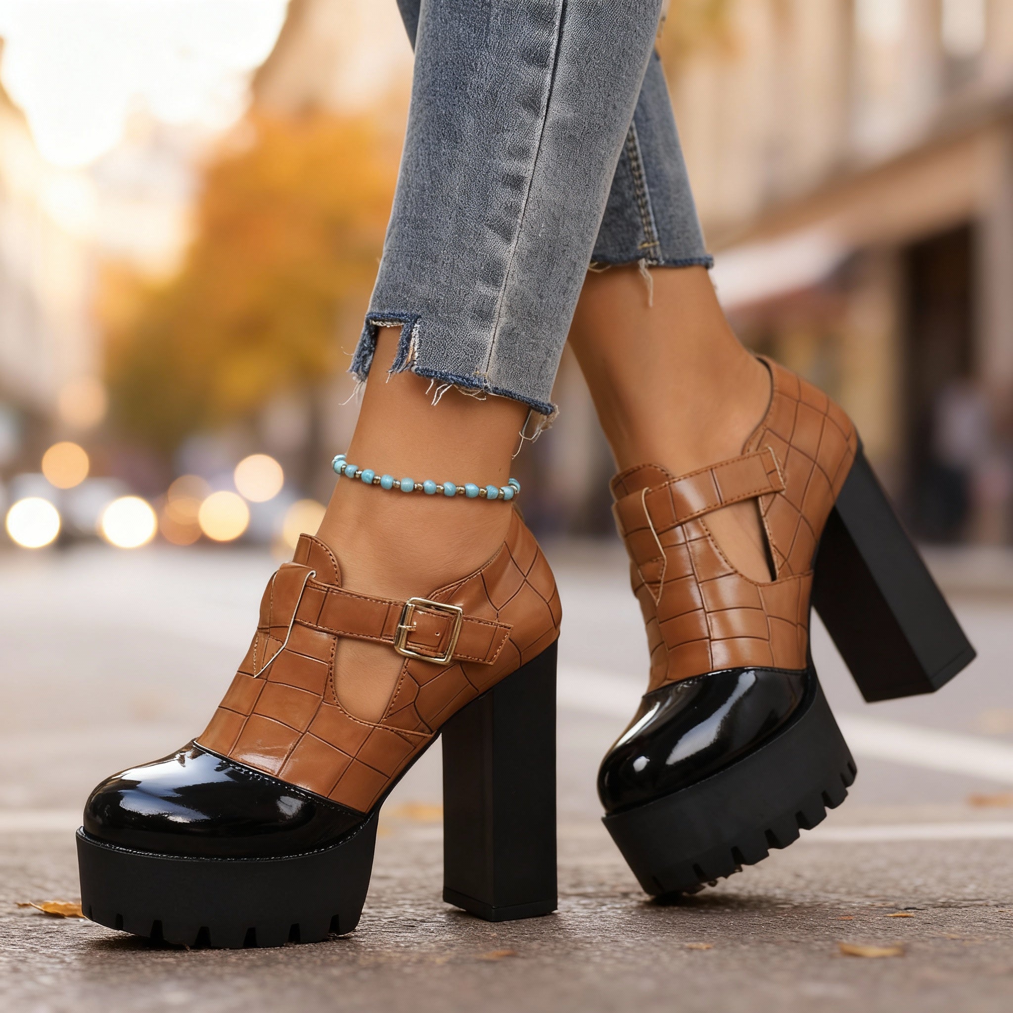 Chunky Platform Heels with Croc Embossed Upper and Buckle Strap