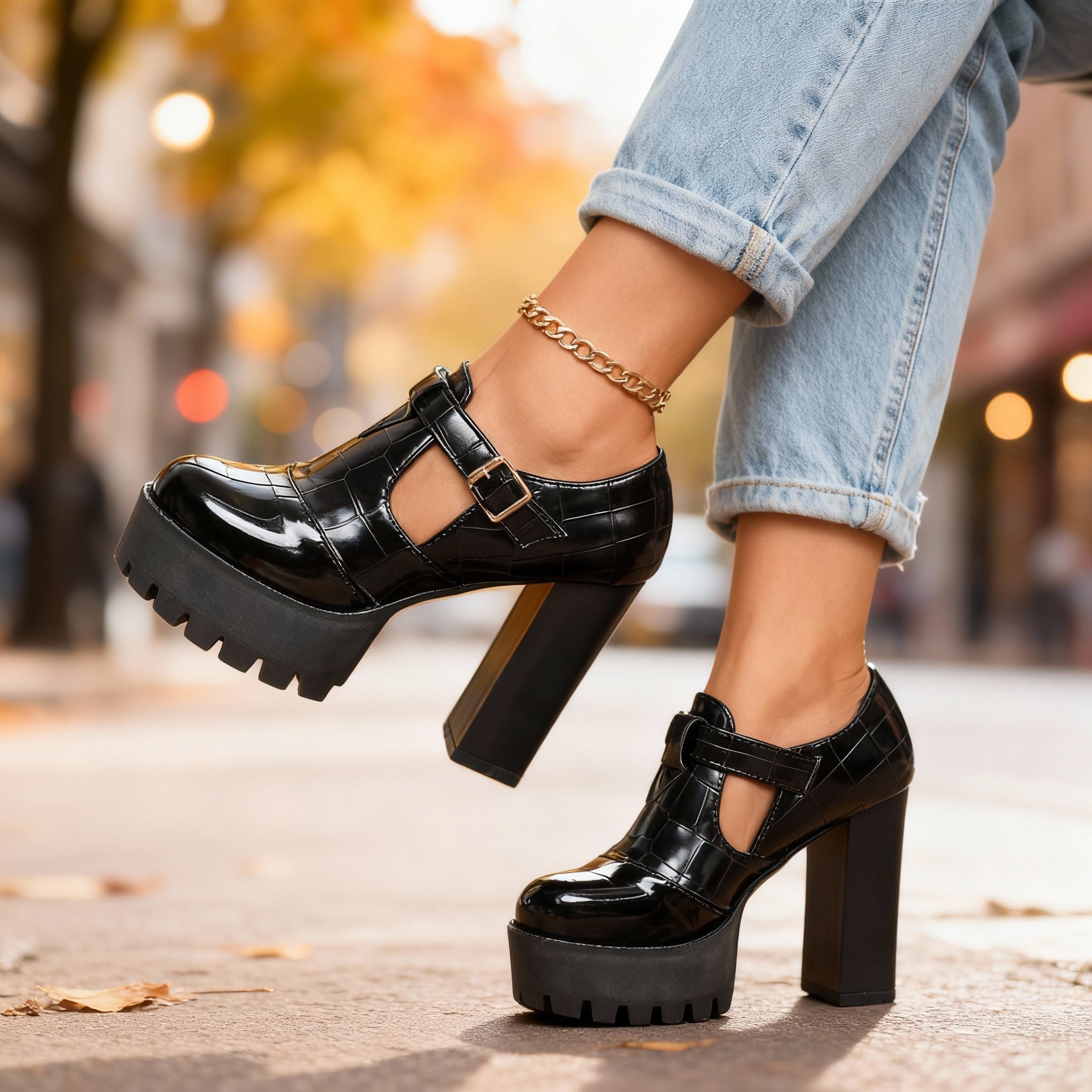 Chunky Platform Heels with Croc Embossed Upper and Buckle Strap