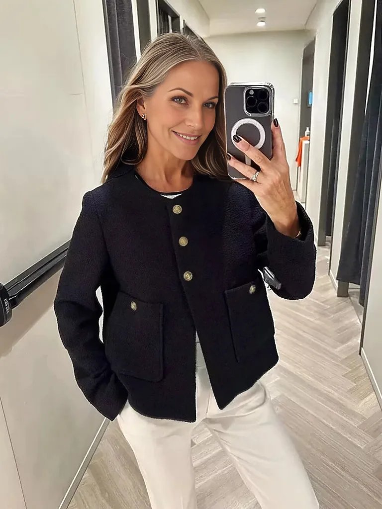 Classic Tweed Jacket with Gold Buttons and Round Neckline