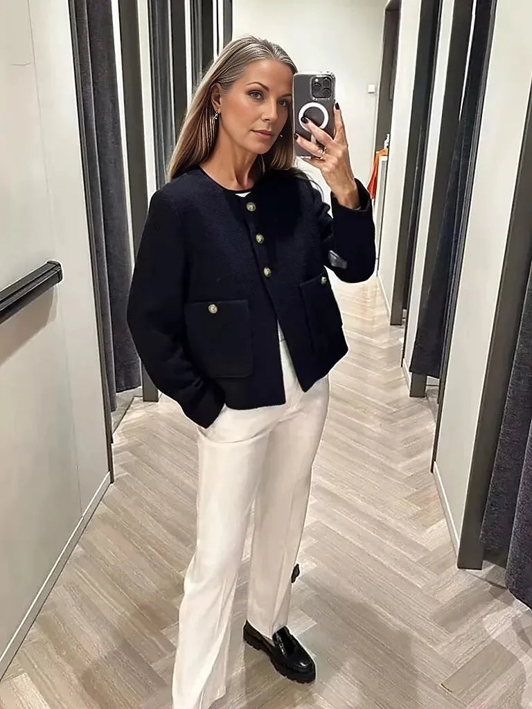 Classic Tweed Jacket with Gold Buttons and Round Neckline
