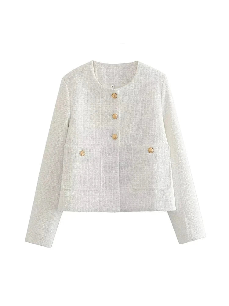 Classic Tweed Jacket with Gold Buttons and Round Neckline