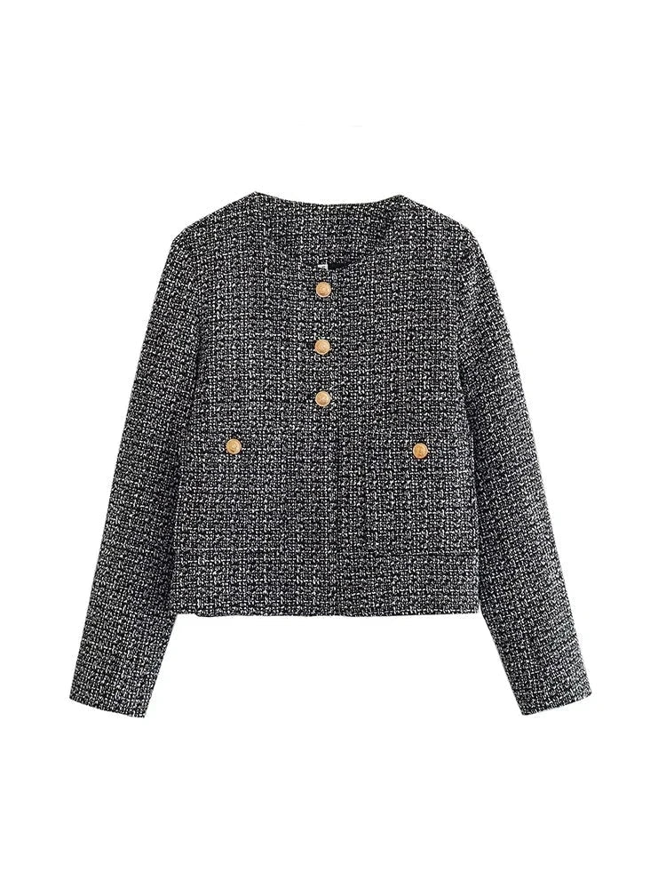 Classic Tweed Jacket with Gold Buttons and Round Neckline