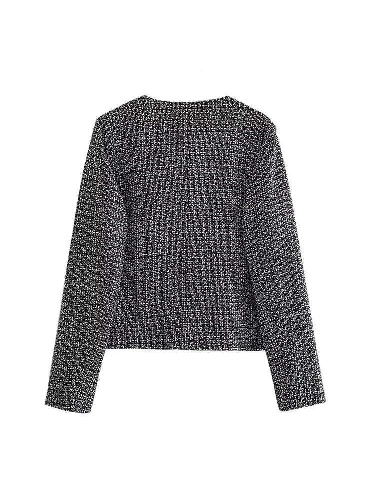 Classic Tweed Jacket with Gold Buttons and Round Neckline