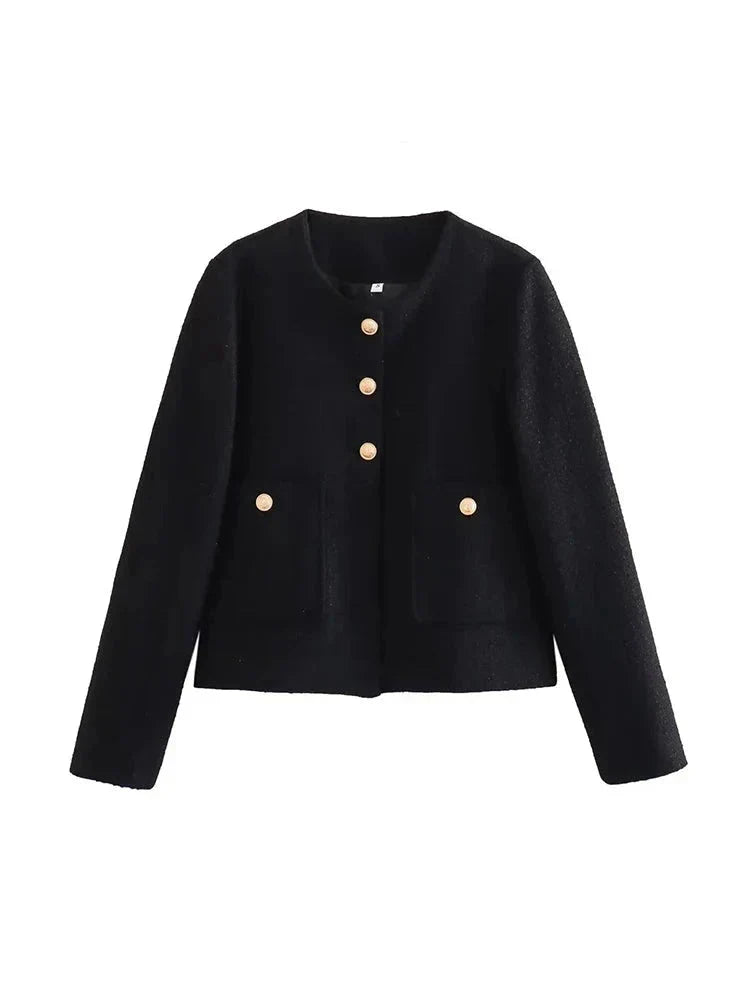 Classic Tweed Jacket with Gold Buttons and Round Neckline