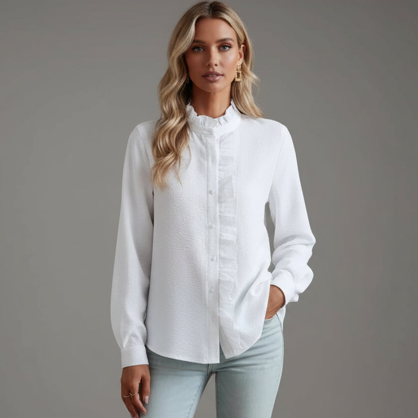Classic Blouse with Ruffle Collar and Button Front
