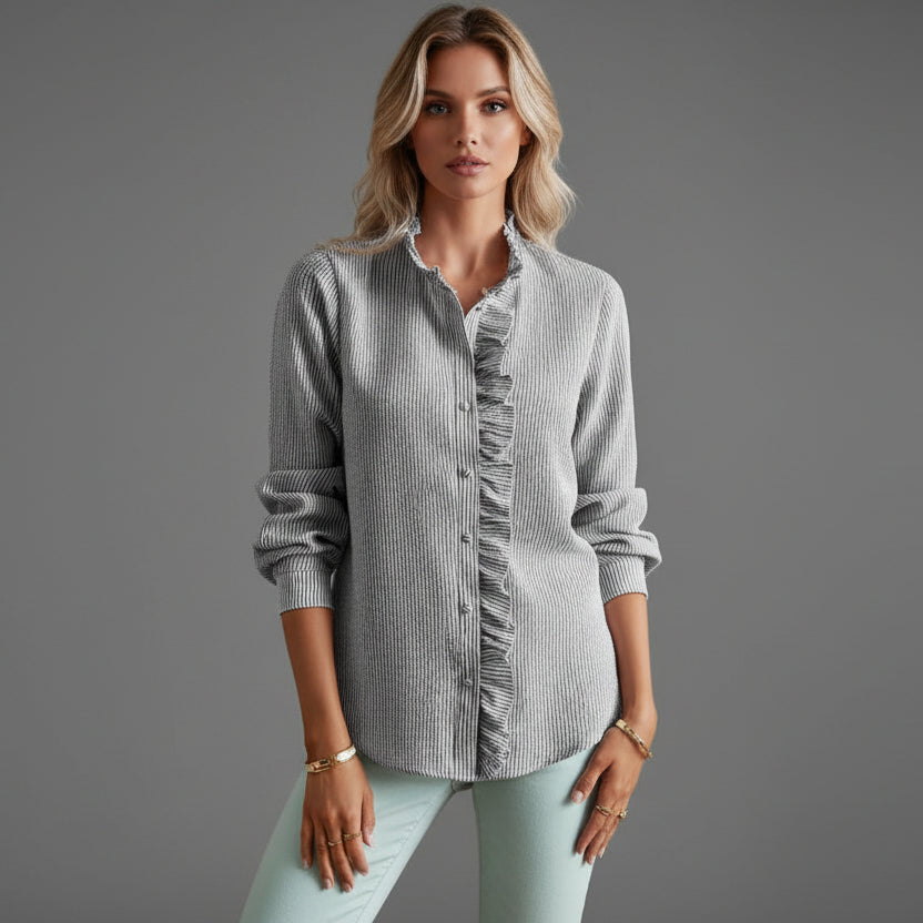 Classic Blouse with Ruffle Collar and Button Front