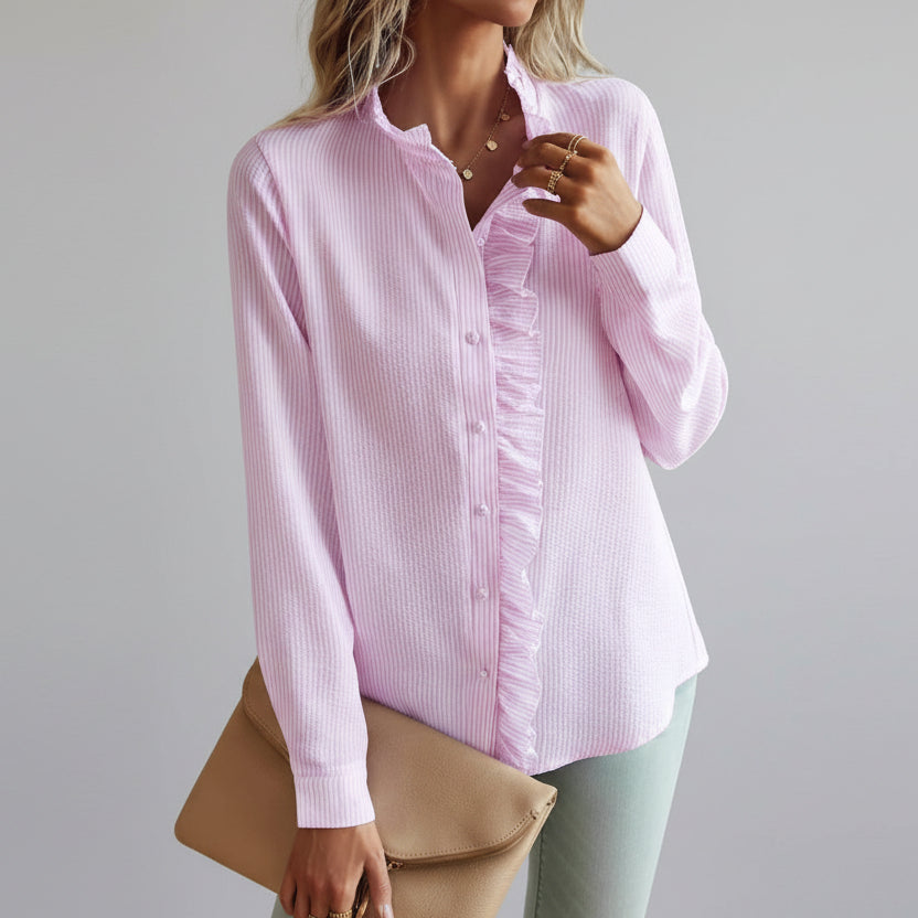 Classic Blouse with Ruffle Collar and Button Front