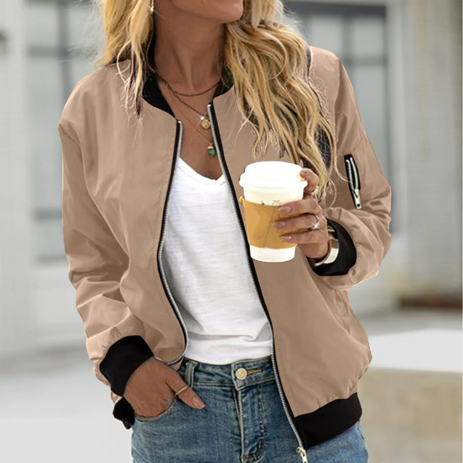 Classic Light Bomber Jacket with Zip Pockets